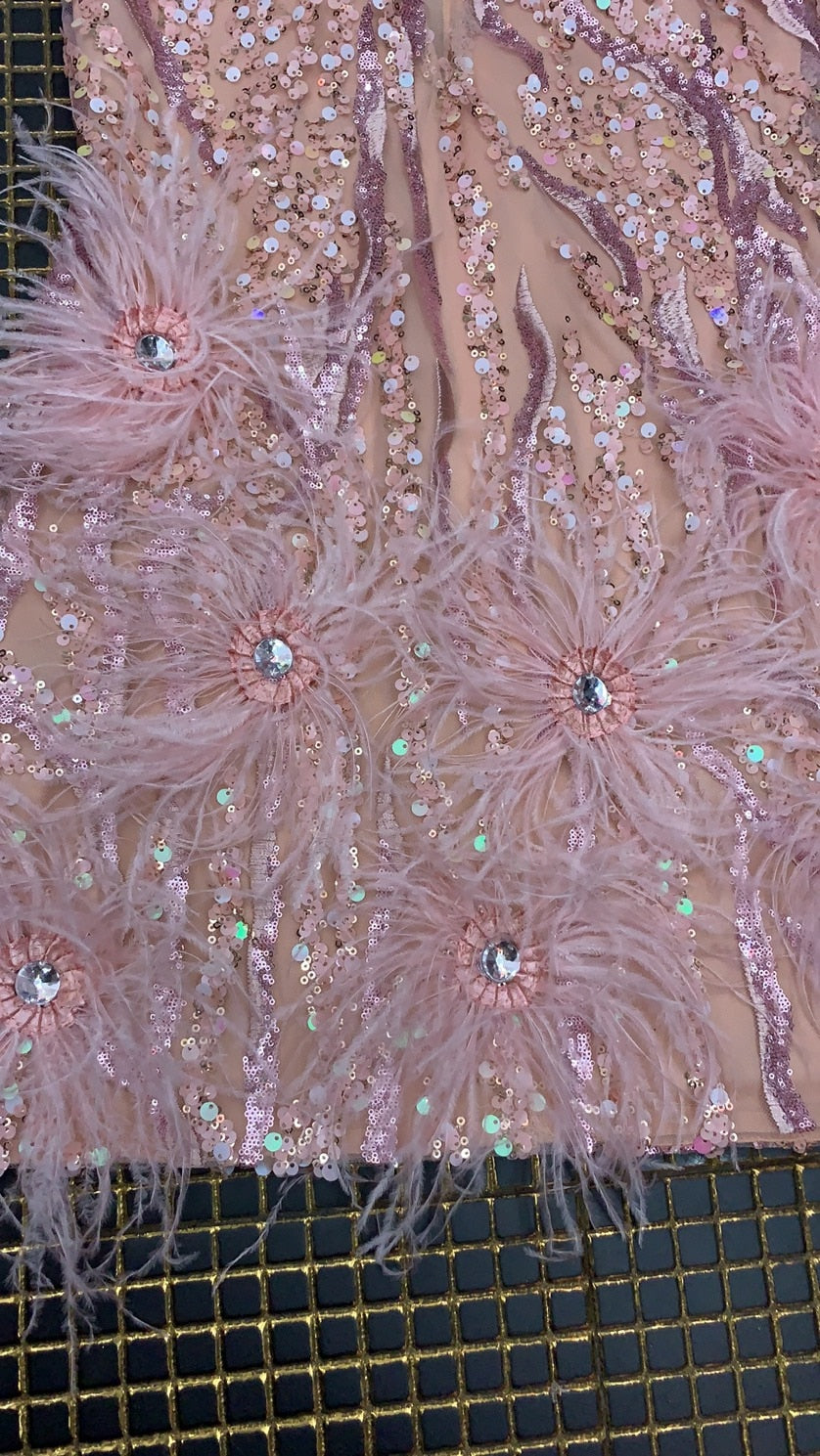 Pink Feather V-Neck Fashion Bodycon Mini Dress