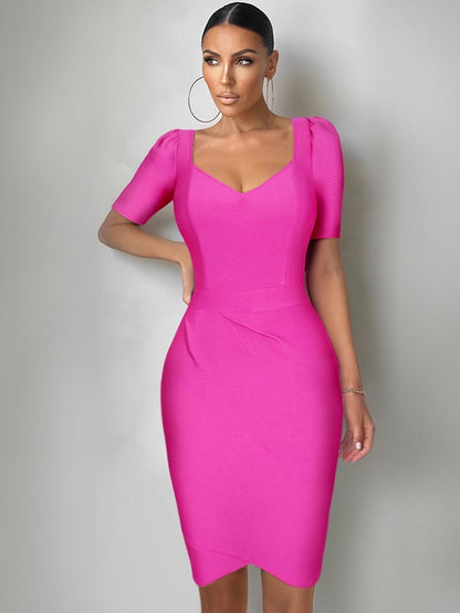 Elegant Sexy Short Sleeve Hot Pink Bandage Dress