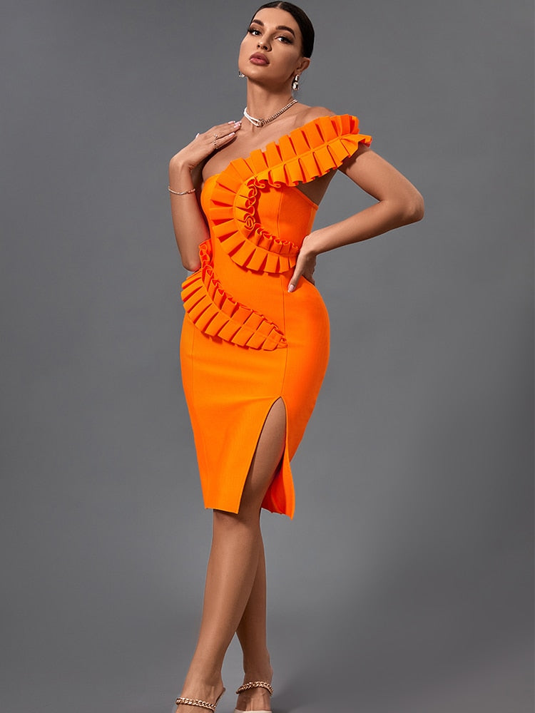 Orange One Shoulder Ruffle Bandage Dress