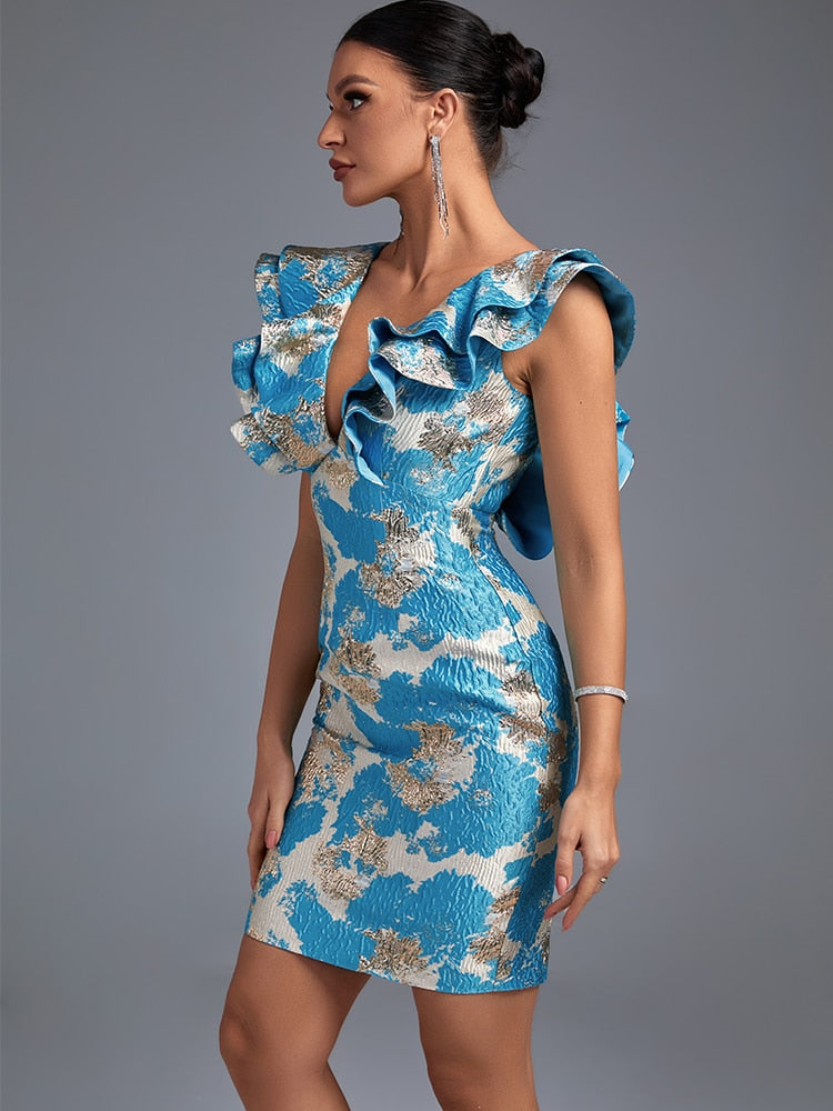 Blue Jacquard Ruffle Backless Dress