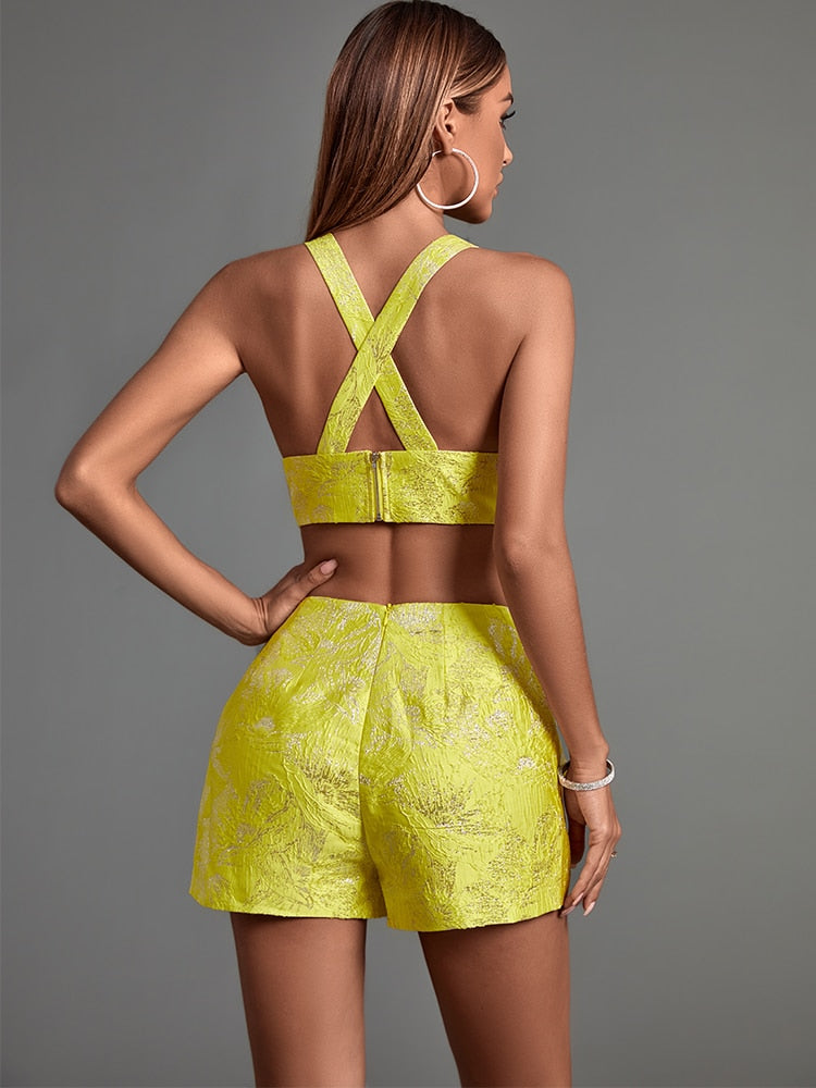 Jacquard Plunge Two Piece Set Top and Shorts