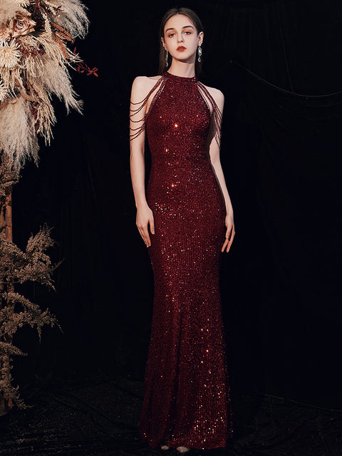 Elegant Off Shoulder Beaded Sequin Evening Dress