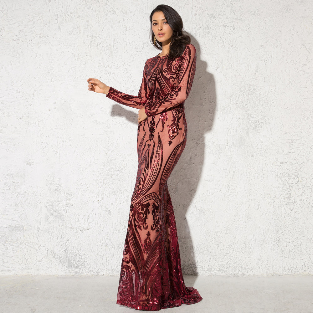 Long Sleeve Stretchy Sequin Maxi Dress