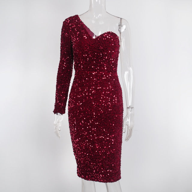 Stretchy Sparkly Sequin One Sleeve Bodycon Dress