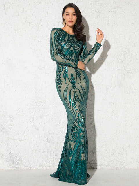 Long Sleeve Stretchy Sequin Maxi Dress
